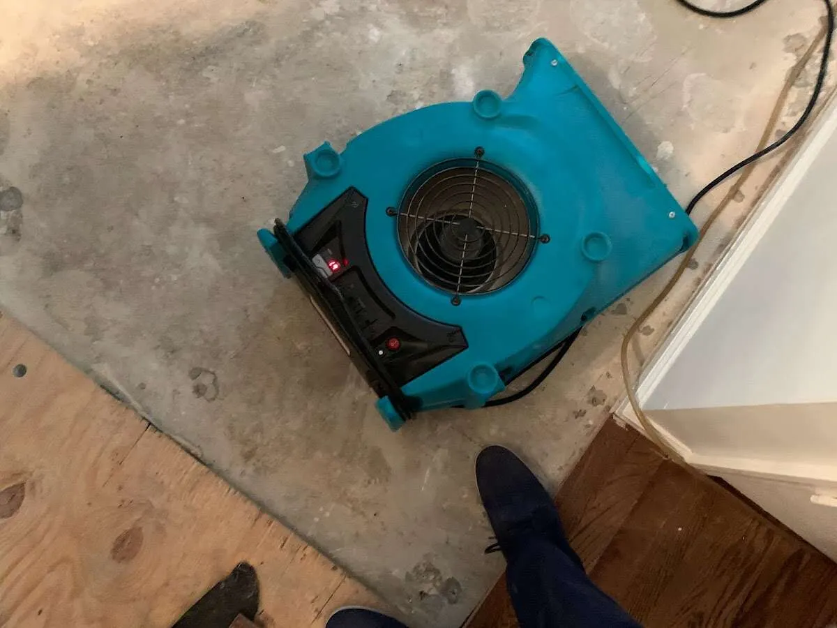 Air mover drying subfloor during Leak Detection & Repair in Marlin